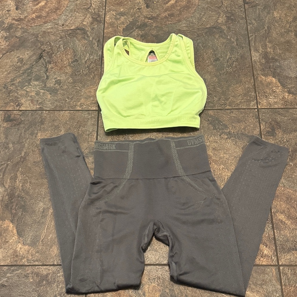 Gymshark lime green/gray leggings & sports bra set